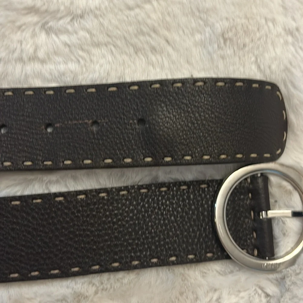 Fendi Dark Brown Leather Belt with Silver Round Buckle